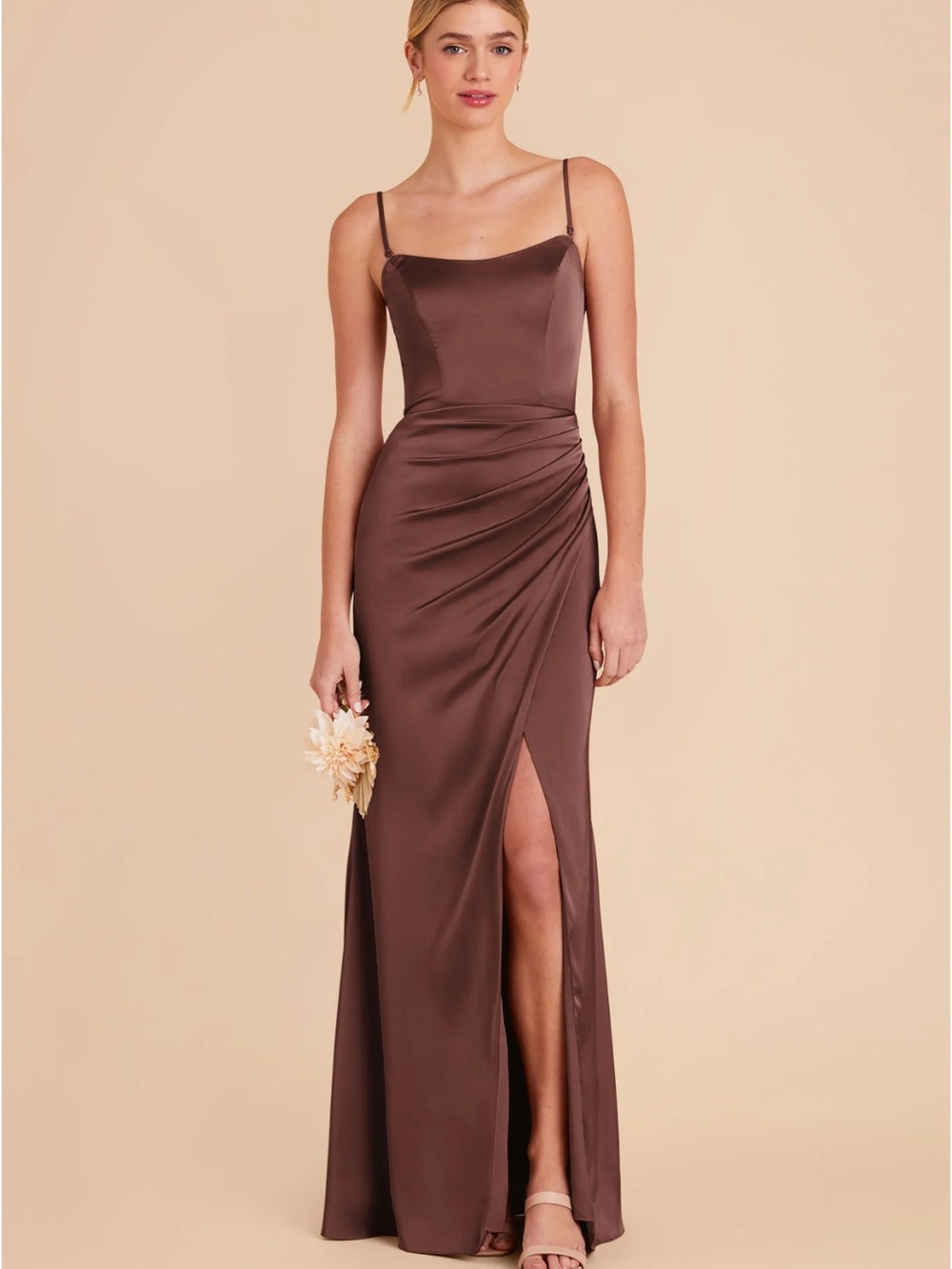 Satin Brown Spaghetti-Strap Evening Gown